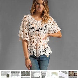 Może przedstawiać: Biały top na szydełku z ażurowym, otwartym wzorem. Top ma okrągły dekolt i krótkie rękawy. Top wykonany jest z lekkiej, przewiewnej tkaniny.