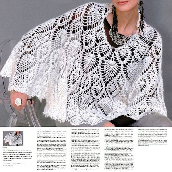 Crochet cape PATTERN, written tutorial in ENGLISH for every row+chart, crochet capelet pattern with pineapple motifs, cape crochet pattern