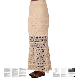 May include: A long, cream-colored crochet skirt with a tiered design. The skirt is made of delicate, openwork crochet and has a flowing silhouette.