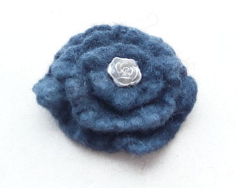 2 3/4" Handmade Felt Flower Brooch, Pin in Dark Blue, Gift, Present