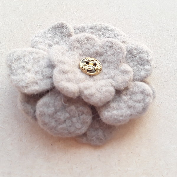 2 1/2" Handmade Felt Flower Brooch, Pin in Light Grey, Gift, Present