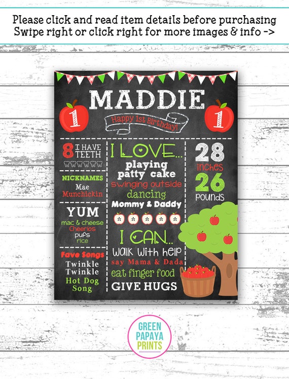 Apple First Birthday Chalkboard Sign, Apple of My Eye, Any Age, Stats Board, Gift, Cake Smash, Photo Prop, Printable Digital File Il_570xn