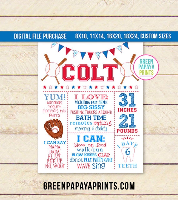 Baseball First Birthday Poster, 1st Birthday Milestones, Baseball Birthday Sign, Red and Blue Colors with White Background, Printable File Il_570xn