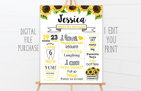 Sunflower First Birthday Sign, Realistic Sunflower, First Birthday Milestone "White Chalkboard" Poster, Any Age, Printable Digital File Il_570xn