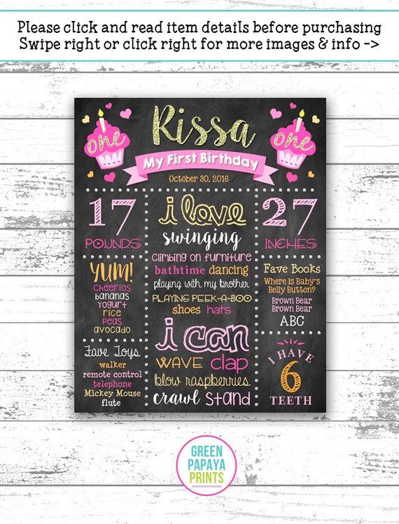 SKU CBI59 First Birthday Chalkboard Sign Printable Chalkboard Sign Girly Theme Birthday Chalkboard Size 16x20 inches