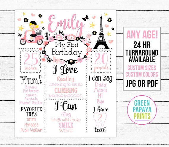 Paris Birthday Sign, White Background, First Birthday Poster, Milestones, Banner, Pink and Black, Custom, Printable Digital File Il_570xn