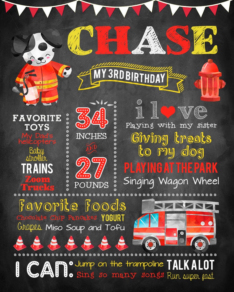 Dalmatian Firetruck 1st Fireman Birthday Chalkboard Sign 4th Birthday Milestone Chalkboard Printable File 2nd 3rd
