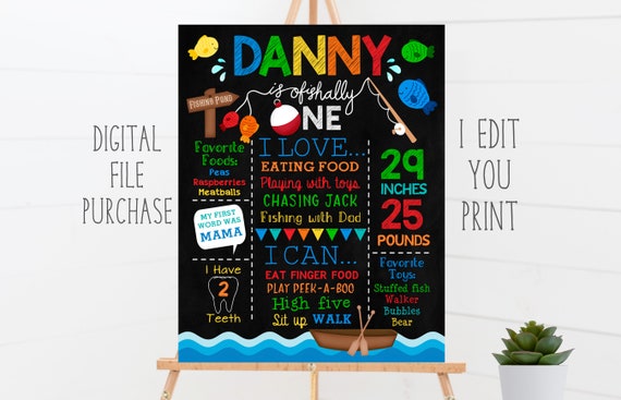 Reeling in the Big One, O Fishally One, 1st Birthday Poster, Printable Digital File Customized, Chalkboard Style, Milestone Sign Il_570xn
