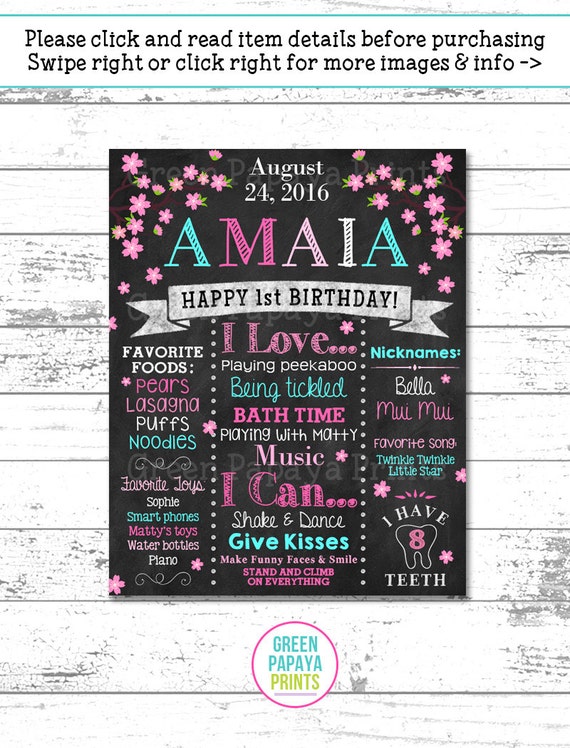 Cherry Blossom First Birthday Chalkboard, 1st Birthday, Japanese Birthday Decor, Customized, Photo Prop, Gift, Printable, Digital File Il_570xn