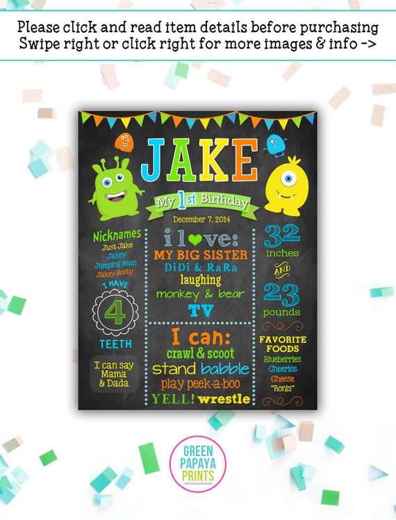 Monster First Birthday Chalkboard Sign, 2nd Birthday, Boy, Any Age, Printable Birthday, Milestones, Fun Facts, Birthday Decor, Digital File Il_570xn