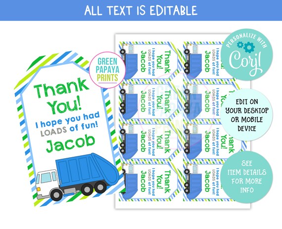 Blue Trash Truck Birthday Thank You Tag, Personalized Trash Man Birthday, Birthday Favor Tag, Editable Printable File Il_570xn