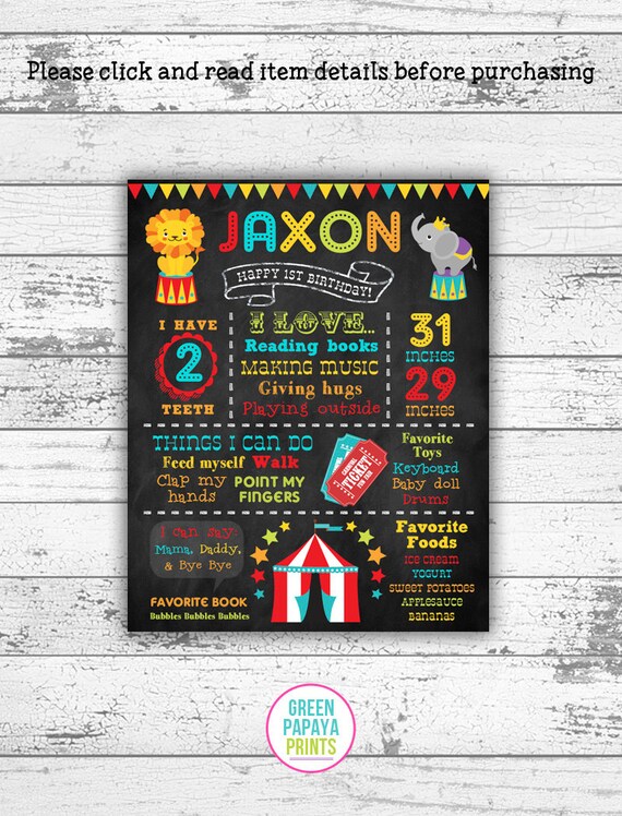 Circus First Birthday Chalkboard Sign 1st 2nd 3rd Birthday