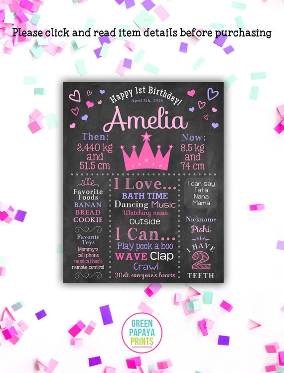 Princess First Birthday Chalkboard Sign, Pink, Purple, Hearts, First Birthday Chalkboard, 1st Birthday Printable Party Decor Digital File Il_570xn
