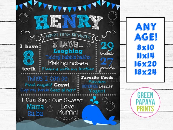 Whale First Birthday Chalkboard Sign - Whale Birthday Decorations - Milestone Poster - Printable Digital File Customized Ocean Blue Whale Il_570xn