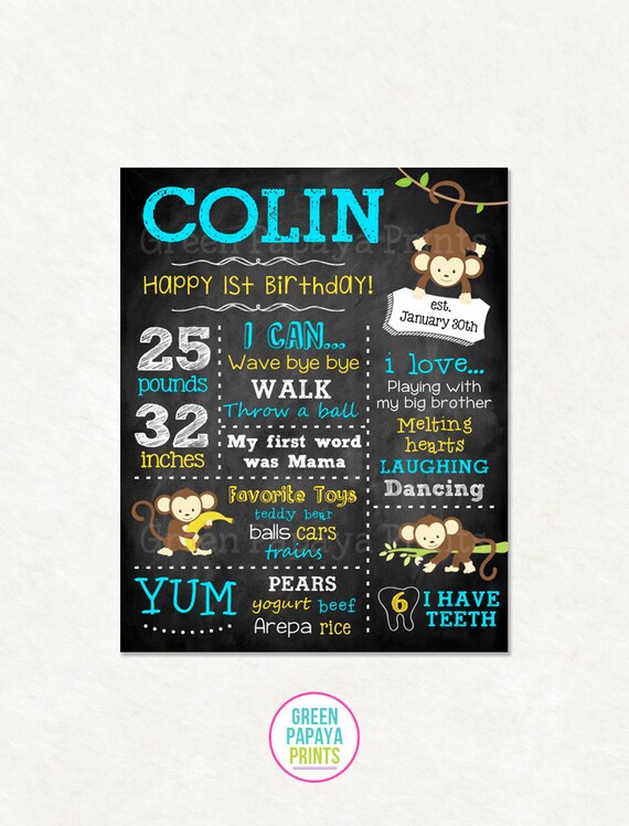Monkey First Birthday Chalkboard Sign - 2nd, 3rd, 4th, Birthday - Printable Digital File - Milestone Sign - Photo Prop - Any Age Il_570xn