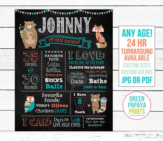 Woodland Tribal First Birthday Chalkboard Sign, 1st, 2nd, 3rd Birthday, Fox Bear Owl Squirrel, Printable, Milestones, Poster, Digital File Il_570xn