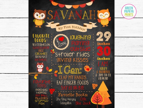 Owl Birthday Milestone Chalkboard First Birthday Decorations Autumn Fall Colors Thanksgiving Poster Sign Keepsake Printable Digital File Il_570xn