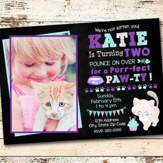 Kitten 2nd Birthday Invitation, Any Age, Are You Kitten Me, Invite, Printable, It's a Pawty, Purple, With Photo Il_570xn