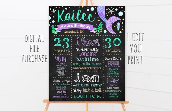 Mermaid Birthday Chalkboard Sign, First Birthday, 2nd, 3rd, 4th Birthday, Any Age, Pink, Blue, Purple, Silver Glitter, Printable File Il_570xn