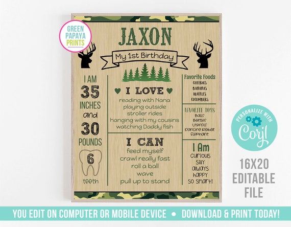 Editable Camo Print Hunting Birthday Milestone Poster, Birthday Decoration, Download Today, Template You Edit and Print Now with Corjl Il_570xn