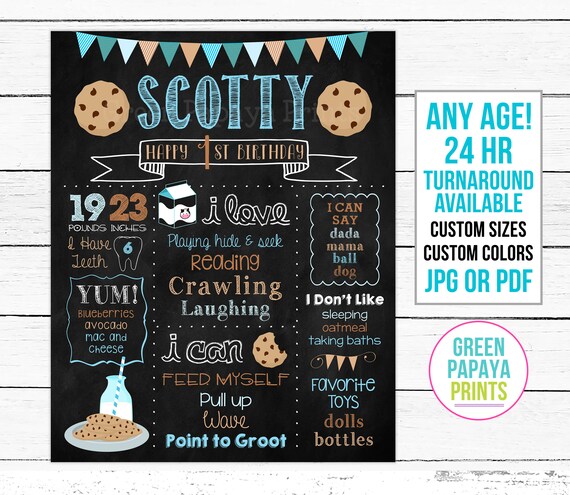 Cookie First Birthday Chalkboard Sign, Blue, Milk and Cookies, Milestone Poster, Birthday Keepsake, Personalized, Printable File Il_570xn