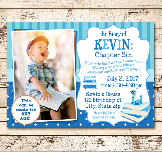 Book Birthday Invitation, Printable, Book Birthday Party, Digital File, Book Worm, Invite, Boy Blue, With Photo Il_570xn