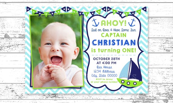 Nautical Sailboat First Birthday Invitation, Navy Blue Lime Green, 1st Birthday, Digital File, Boy, Printable, Any Age Il_570xn