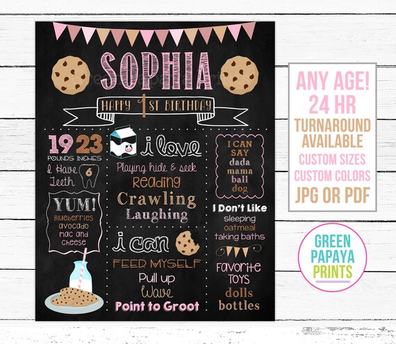 Pink Cookie First Birthday Chalkboard Sign, Milk and Cookies Birthday, Milestone Poster, Keepsake, Personalized, Printable File Il_570xn