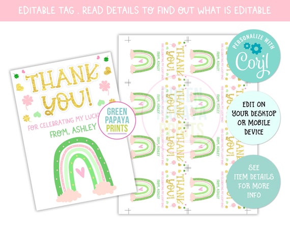 Girl's Lucky ONE Thank You Tag, Editable St. Patrick's Day Tag, Four Leaf Clover, 1st Birthday, Clover Shamrocks, Corjl, Printable File Il_570xn