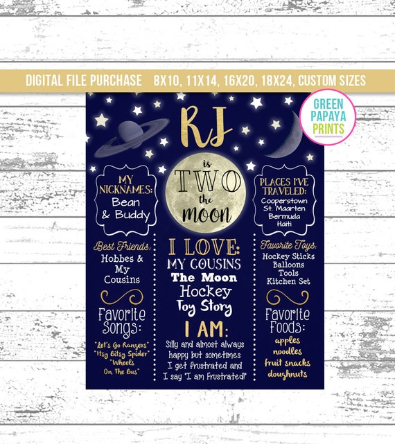 Printable Two The Moon Birthday Poster, 2nd Birthday Milestones, Gold and Navy Blue, Digital File Il_570xn