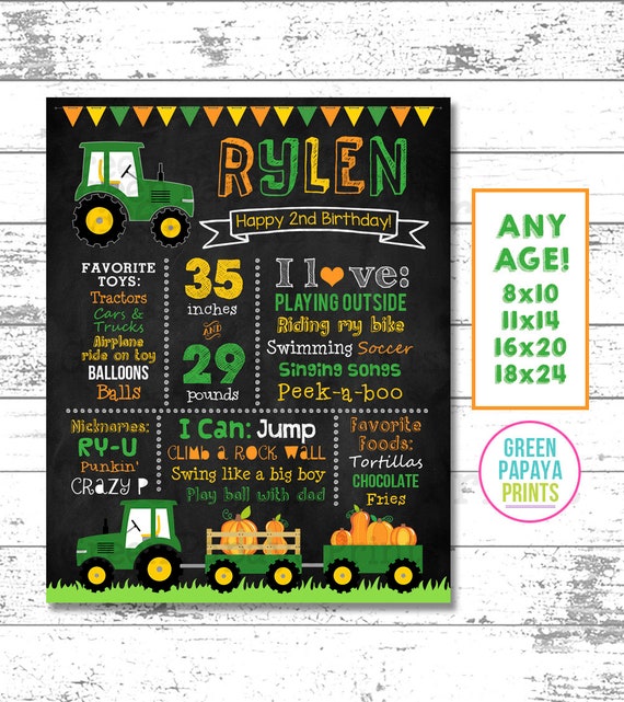 Tractor Pumpkin 1st Birthday Chalkboard, Milestone Sign, Green Tractor Birthday Decor, Birthday Chalkboard, Keepsake, Printable Digital File Il_570xn