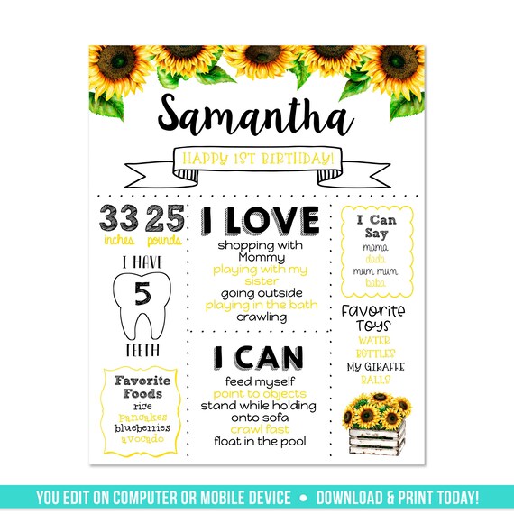 Editable Sunflower First Birthday Sign, Realistic Sunflower, First Birthday Milestone White Background, Corjl, Printable Digital File Il_570xn