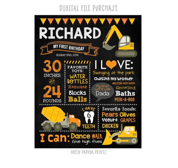Construction First Birthday Chalkboard Milestone Sign, Bulldozer, Birthday Board, Gift, Keepsake, Printable Poster, Any Age, Digital File Il_570xn