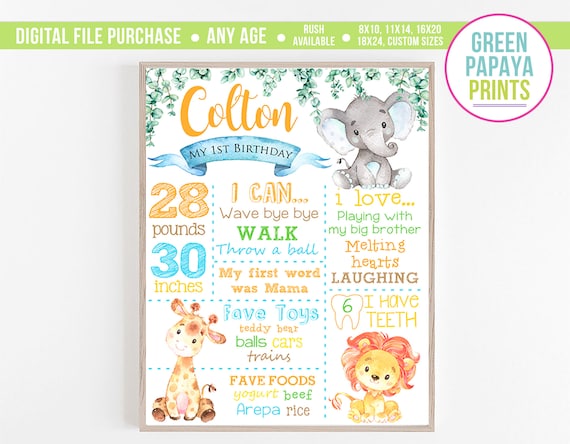 Safari 1st Birthday Poster, Milestone Sign, Decorations, Elephant, Giraffe, Lion, Eucalyptus, White Background, Digital File Il_570xn