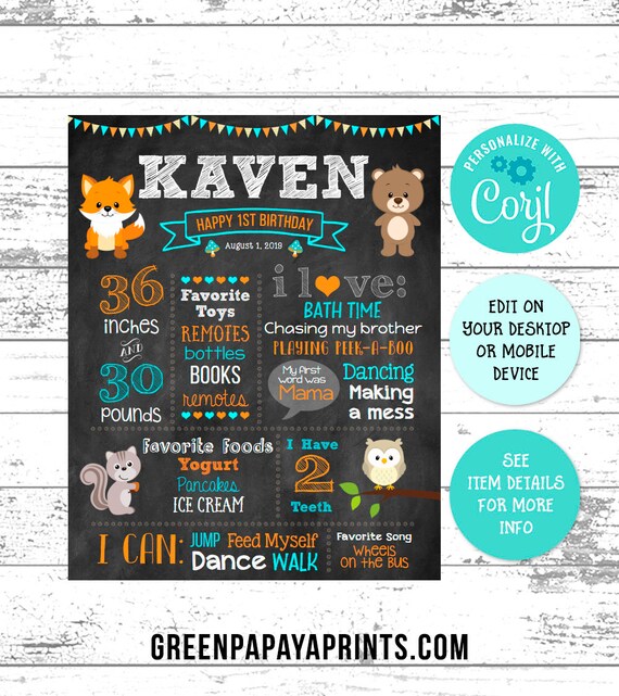 Editable Woodland First Birthday Chalkboard Poster, Fox , Bear, Forest Animals, Party, Boy, Orange, Teal, White, Corjl, Printable File Il_570xn