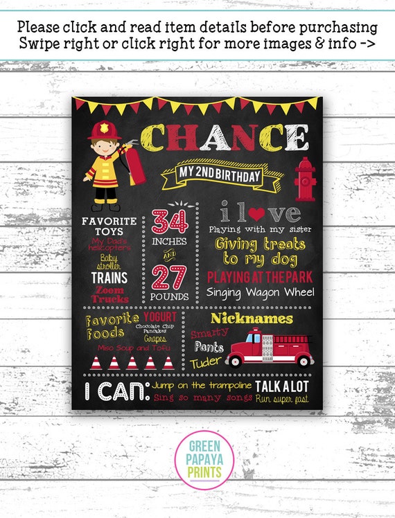 Fire Truck 2nd Birthday Chalkboard Sign, Firetruck, Fire engine, Fire fighter, Any Age, 3rd Birthday, Printable Poster, Digital File Il_570xn