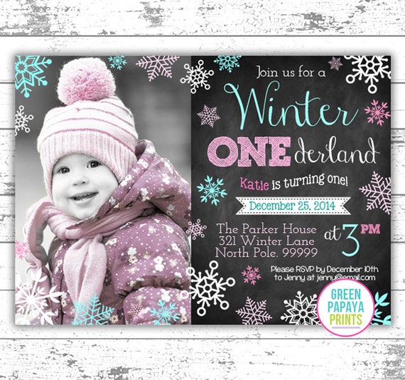 Girl's Winter Onederland Invitation, Winter Wonderland, Printable Invitation, Pink and Teal, Snowflake First Birthday Invitation Il_570xn