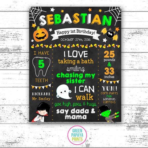 Halloween First Birthday Chalkboard, Any Age, Birthday Sign, Milestone Poster, Stats, Keepsake, Digital file Il_570xn