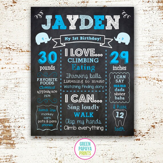Printable Elephant First Birthday Chalkboard Sign, Any age, Milestone Poster, Blue, Boy's Birthday, Keepsake, Poster, Digital File Il_570xn