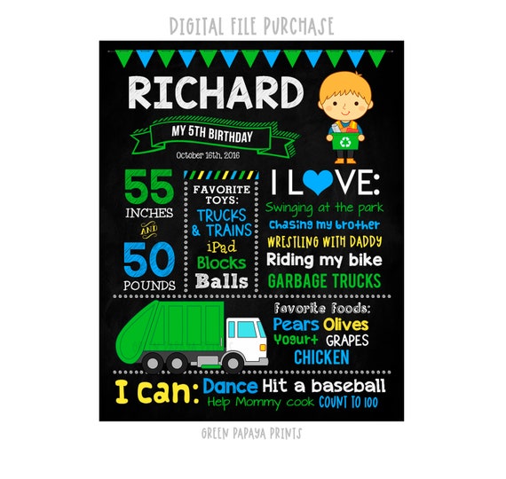 Garbage Truck Birthday Party Personalized Milestone Sign, Trash Truck, Recycle Truck Birthday Chalkboard, Printable Digital File Il_570xn