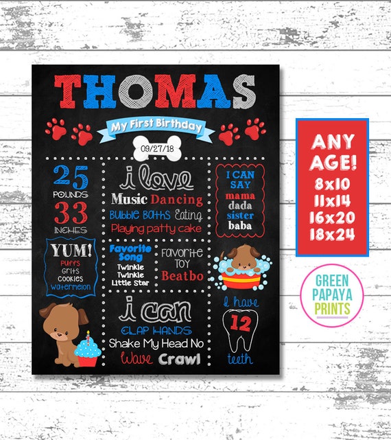 Puppy Dog First Birthday Chalkboard Sign, 1st Birthday, Any Age, Milestone Poster, Puppy Birthday Party Decor, Printable File Il_570xn