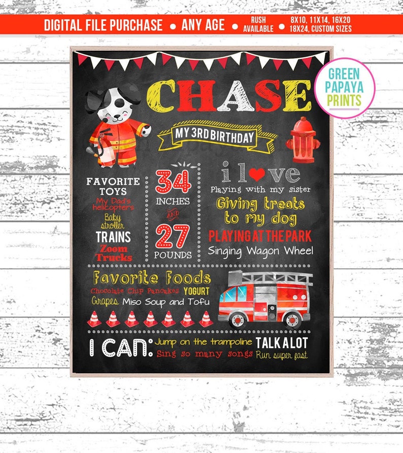 Dalmatian Firetruck 1st Fireman Birthday Chalkboard Sign 4th Birthday Milestone Chalkboard Printable File 2nd 3rd