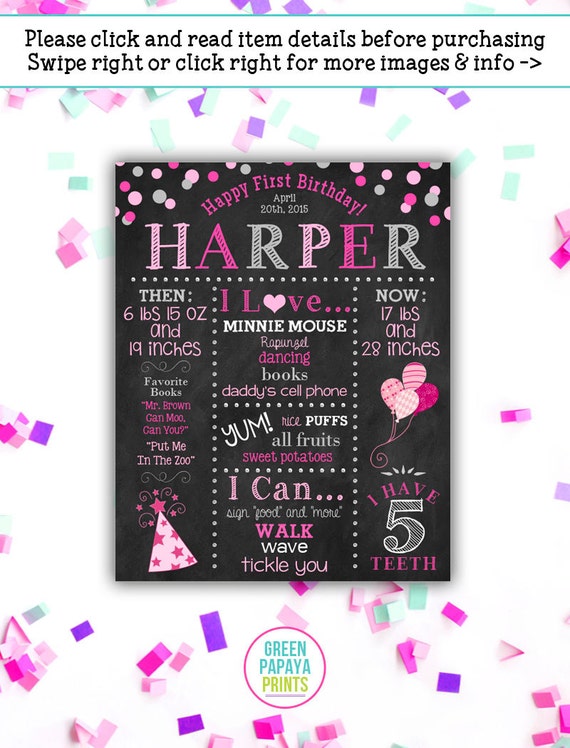 Pink and Gray First Birthday Chalkboard Sign, General, Polka Dots, Confetti, Any Age, Poster, Printable Digital File Il_570xn
