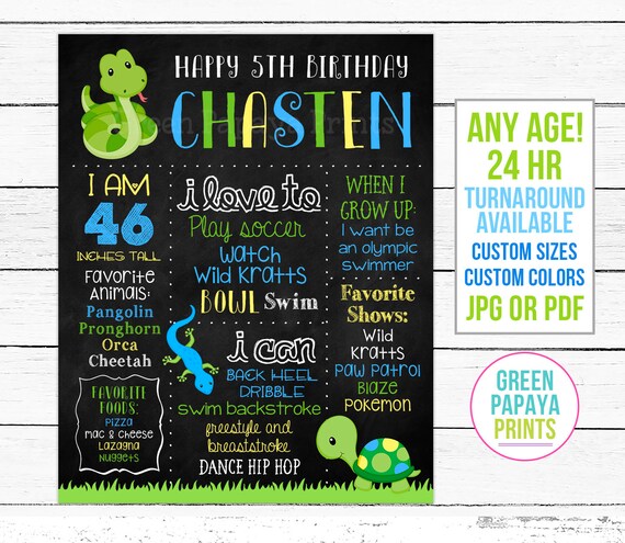 Reptile Birthday Chalkboard Sign, Snake, Lizard, Turtle, Birthday Centerpiece, Milestone Sign, Keepsake, 5th Birthday, Printable File Il_570xn