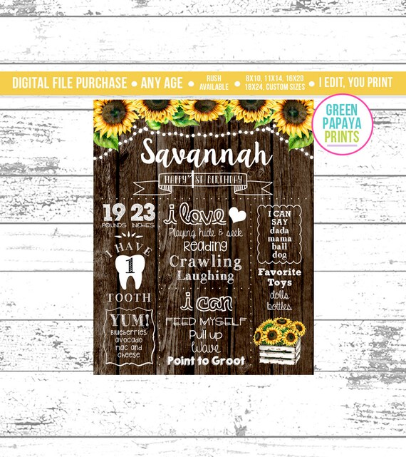 Sunflower First Birthday Chalkboard Sign, Rustic Wood Background, Milestone Poster, Sunflower, Stats, Printable Digital File Il_570xn