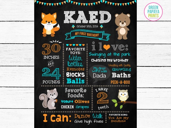 Woodland First Birthday Chalkboard Sign, Fox , Bear, Forest Animals, Party, Boy, Orange, Teal, White, Any Age, Digital File Il_570xn