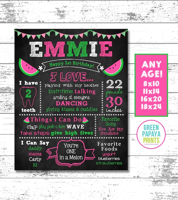Watermelon First Birthday Chalkboard, One in A Melon, Watermelon Birthday Printable, Poster, Milestone, Photo Prop, Decor , Digital File Il_570xn