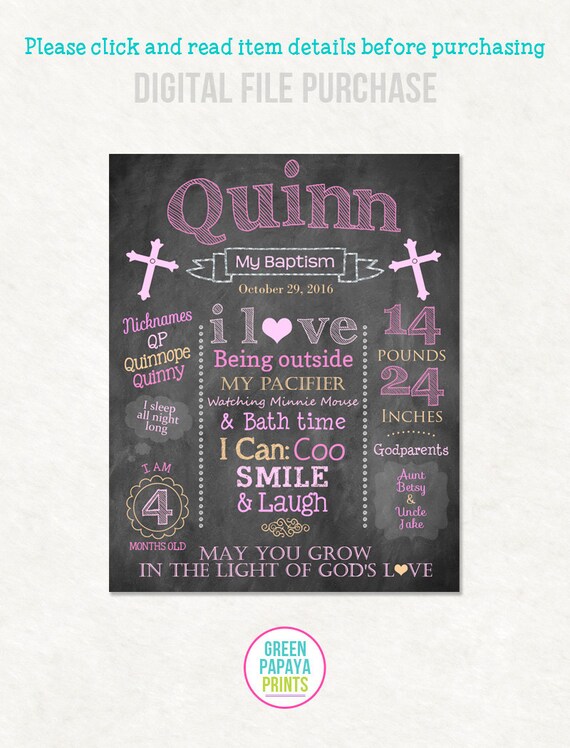 Girl's Baptism Chalkboard Sign - Printable Digital File Customized - Milestones Sign - Party Decoration - Baptism Photo Prop - Pink & Gold Il_570xn