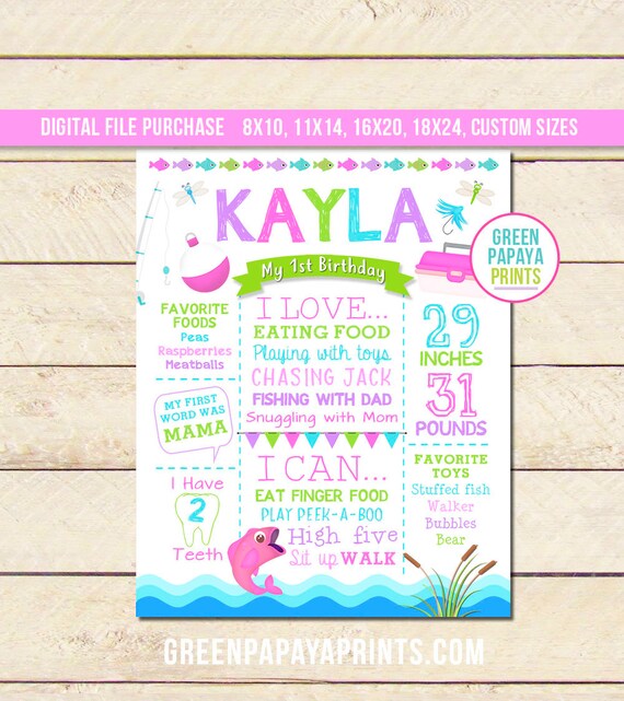Printable Girl's Fishing First Birthday Poster, She's O Fishally One, 1st Birthday Board, Printable Digital File Customized, Milestone Sign Il_570xn