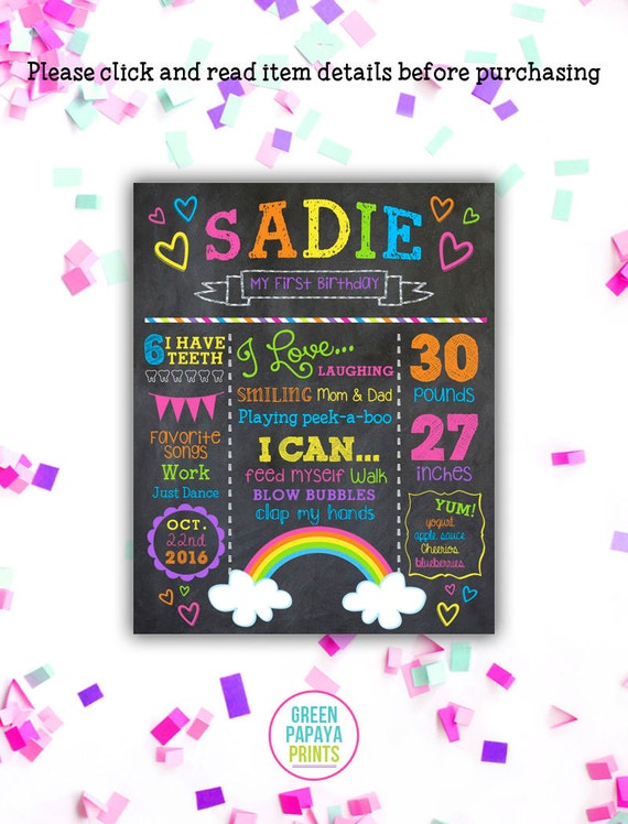 Girl's Rainbow Birthday Chalkboard Sign - Rainbow Birthday Any Age - Birthday Decor - Milestone Poster - Chalk Sign - Printable Digital Il_570xn
